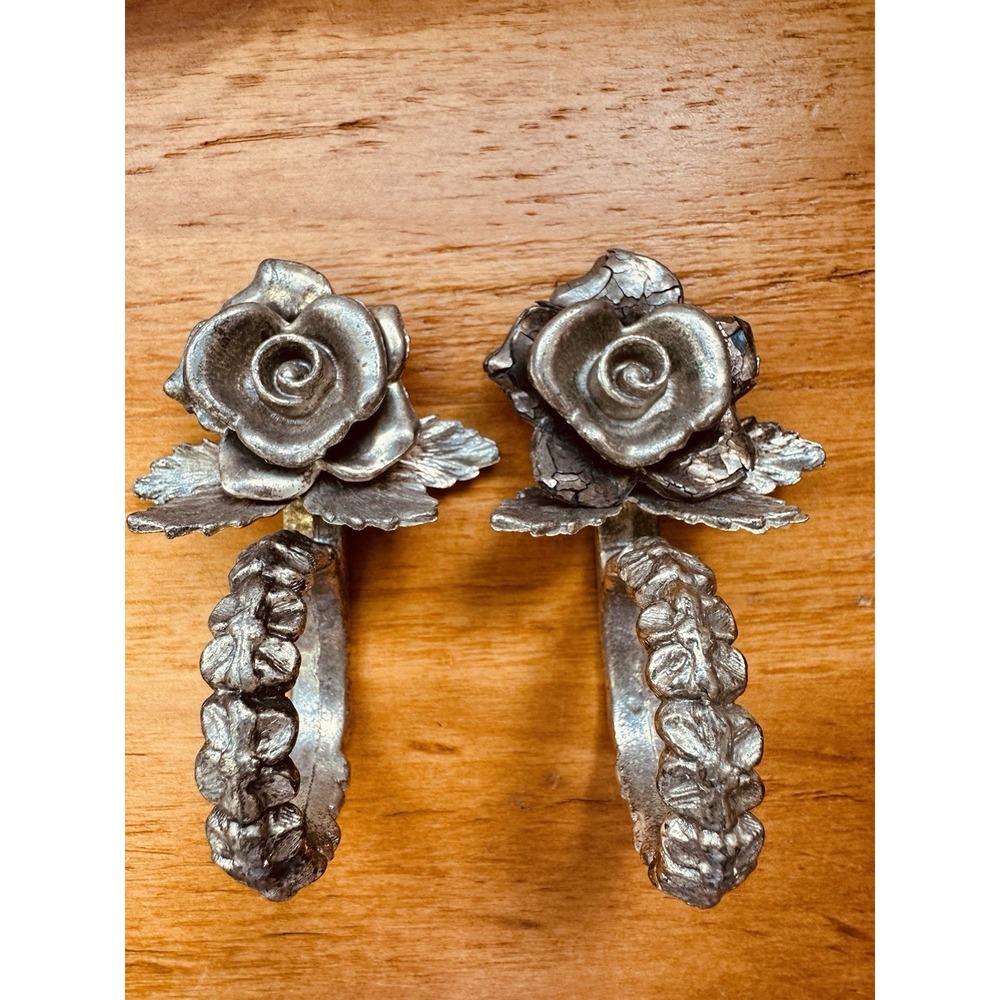 Vintage Pair Princess House Silver Tone Rose Flower Place Holder Napkin Rings